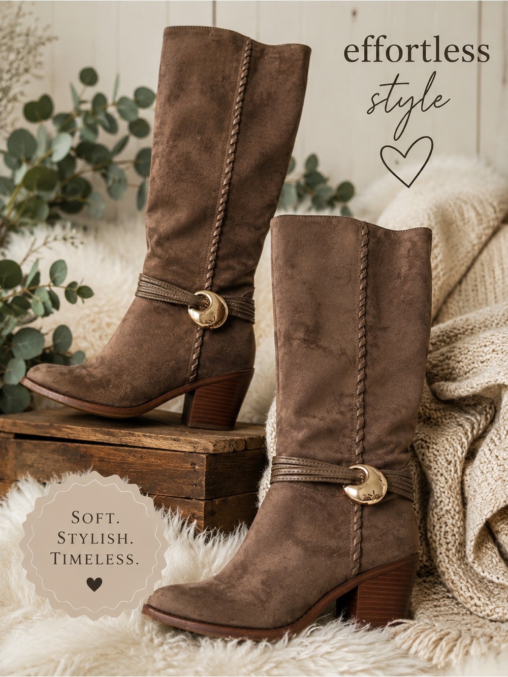 Target Brown Suede Mid-Calf Heeled Boots with Gold Buckle